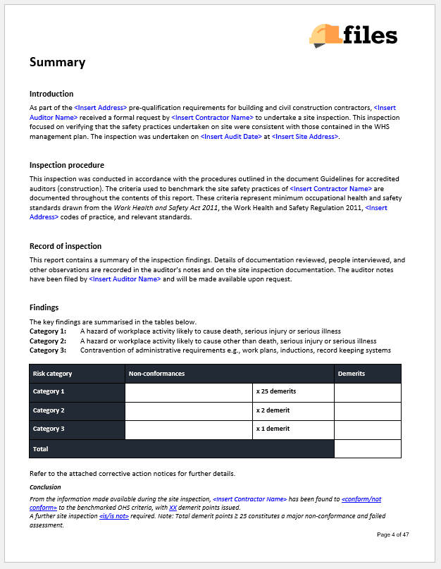 Site Inspection Summary Report Construction Documents And Templates