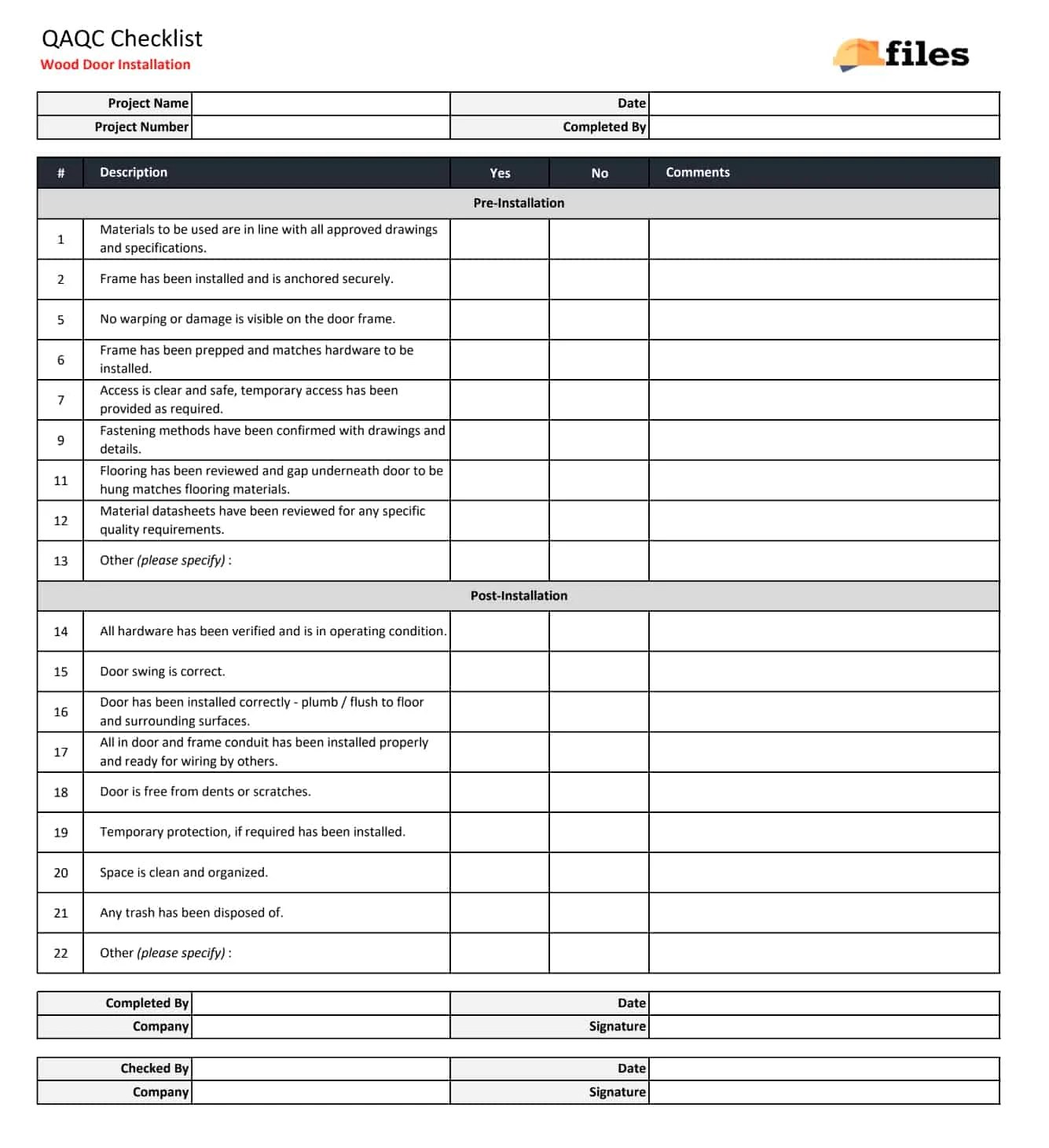 QAQC Checklist Wood Doors Construction Documents And Templates