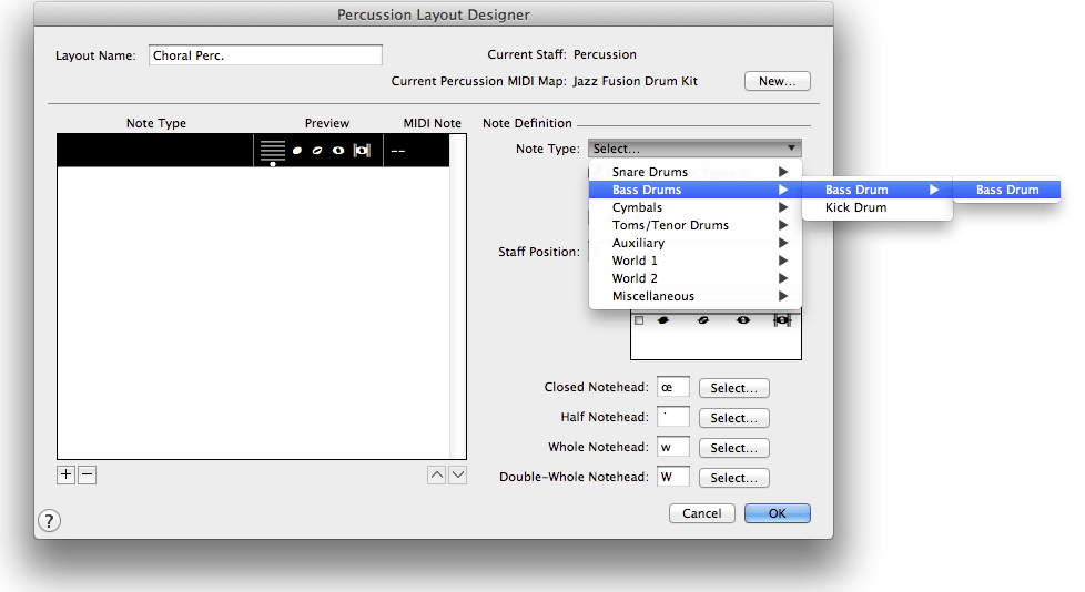 Setting up a Custom Percussion Staff in Finale Finale