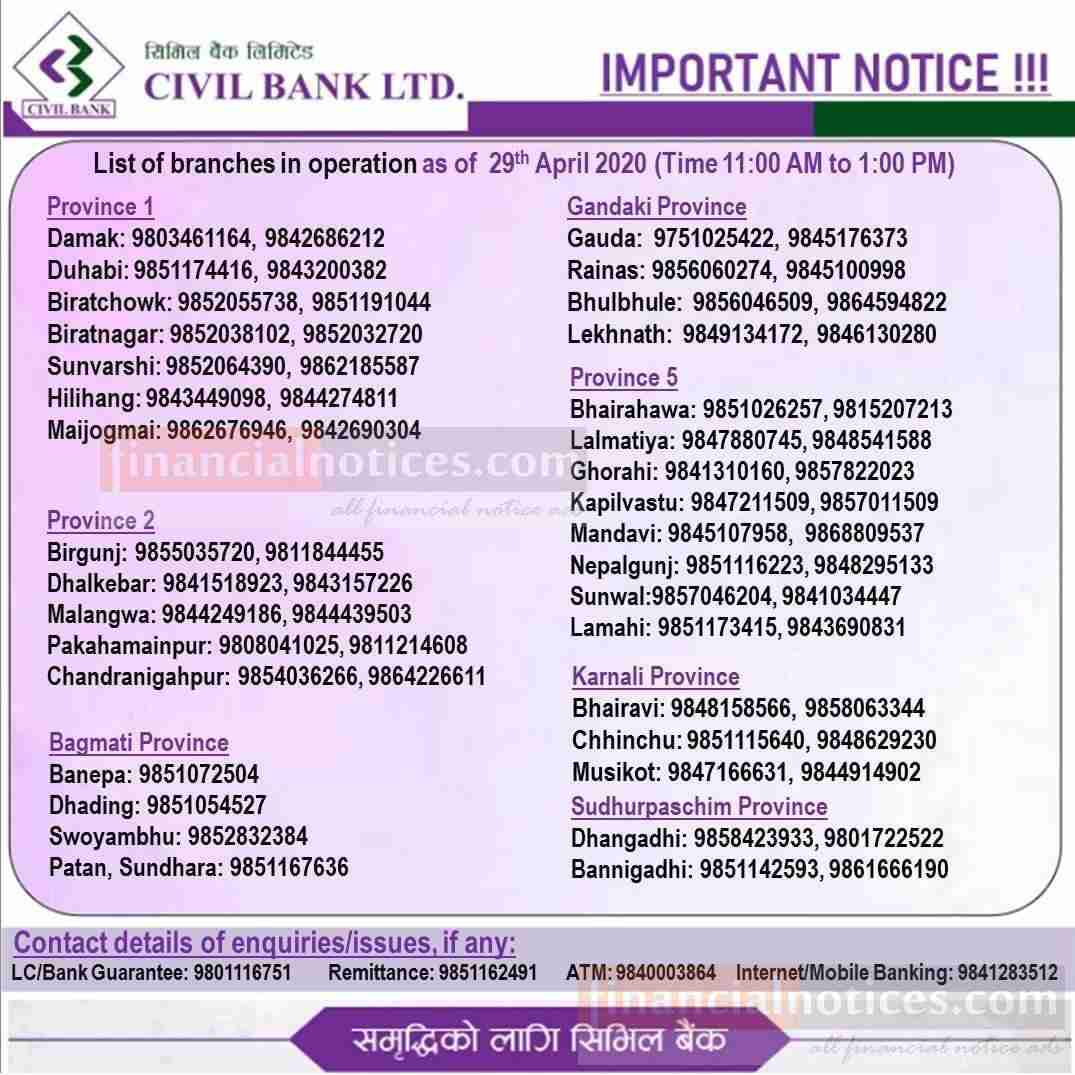 Banking Hours Notice Civil Bank Limited