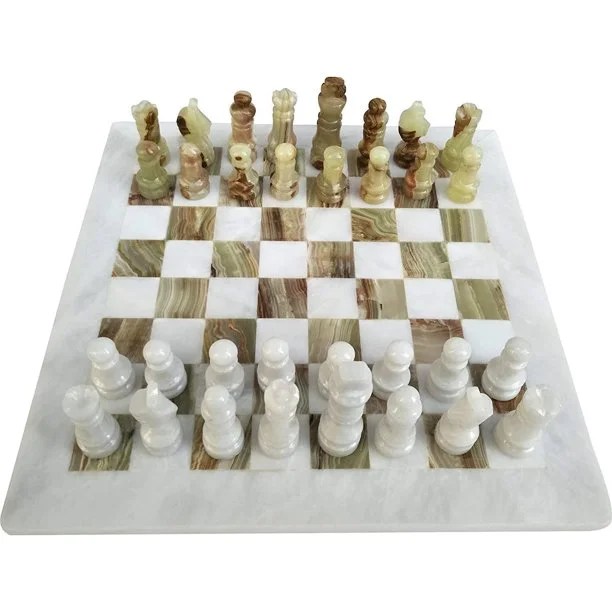 GREEN ONYX & WHITE MARBLE CHESS GAME SET