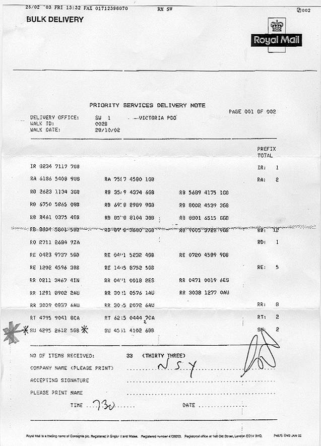 Royal Mail proof of delivery letter dated February 28th 2003