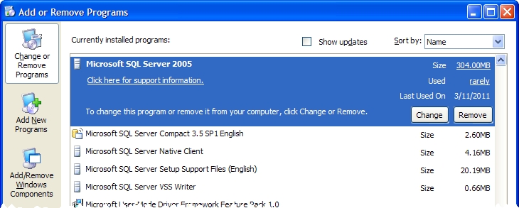 Uninstall FH Mobile and SQL Server 2005 Express