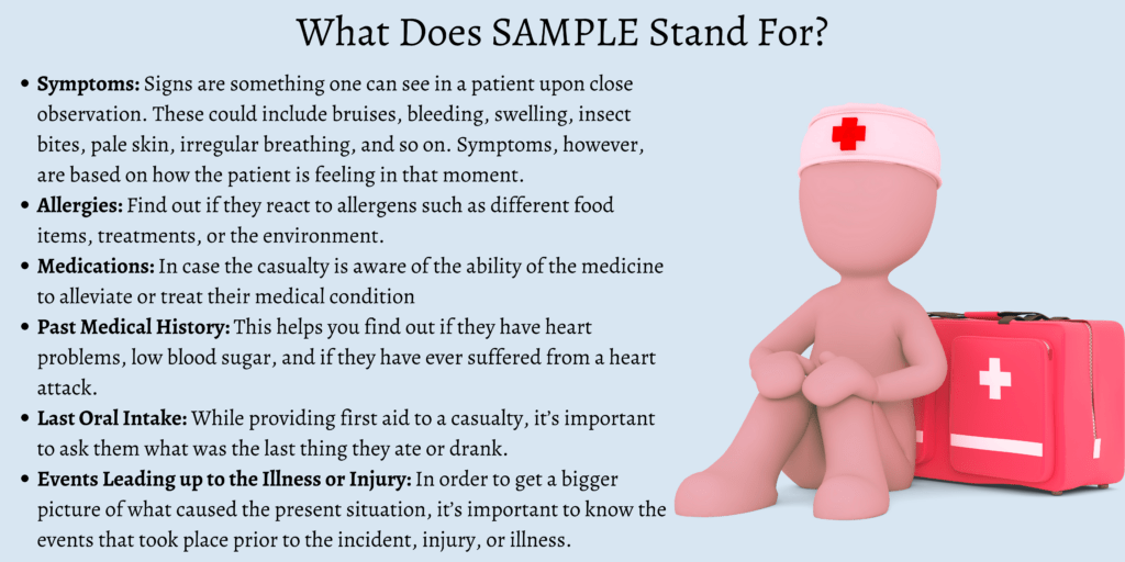 What does SAMPLE stand for in first aid?