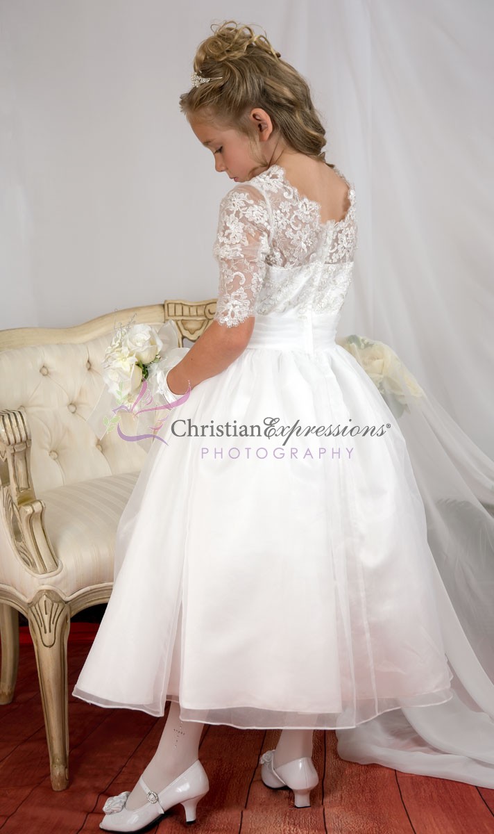 Lace Top First Communion Dress with Gold Metallic