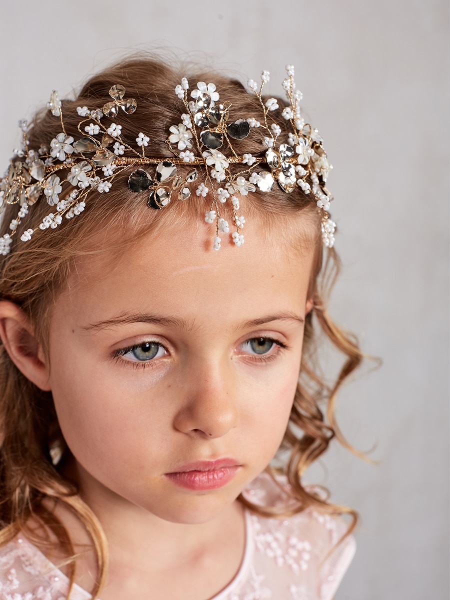 Flower with Beads Wire Floral First Communion Headpiece with Satin Ties