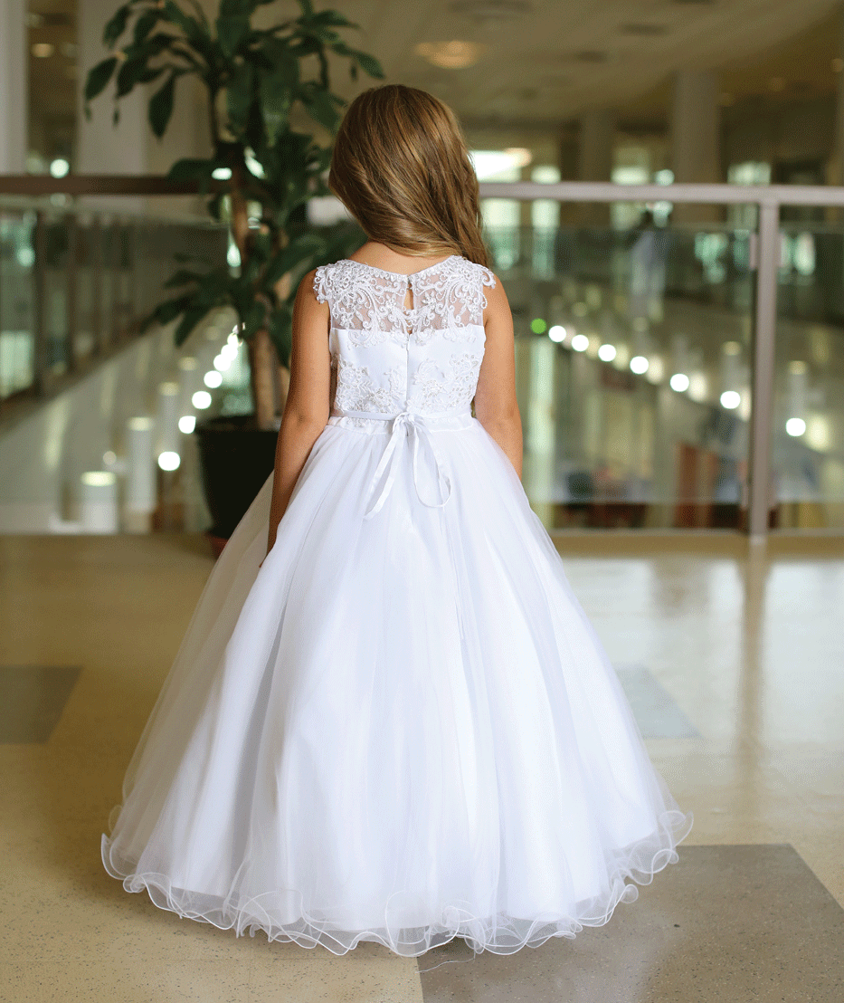 satin First Communion Dress with embroidered tulle bodice