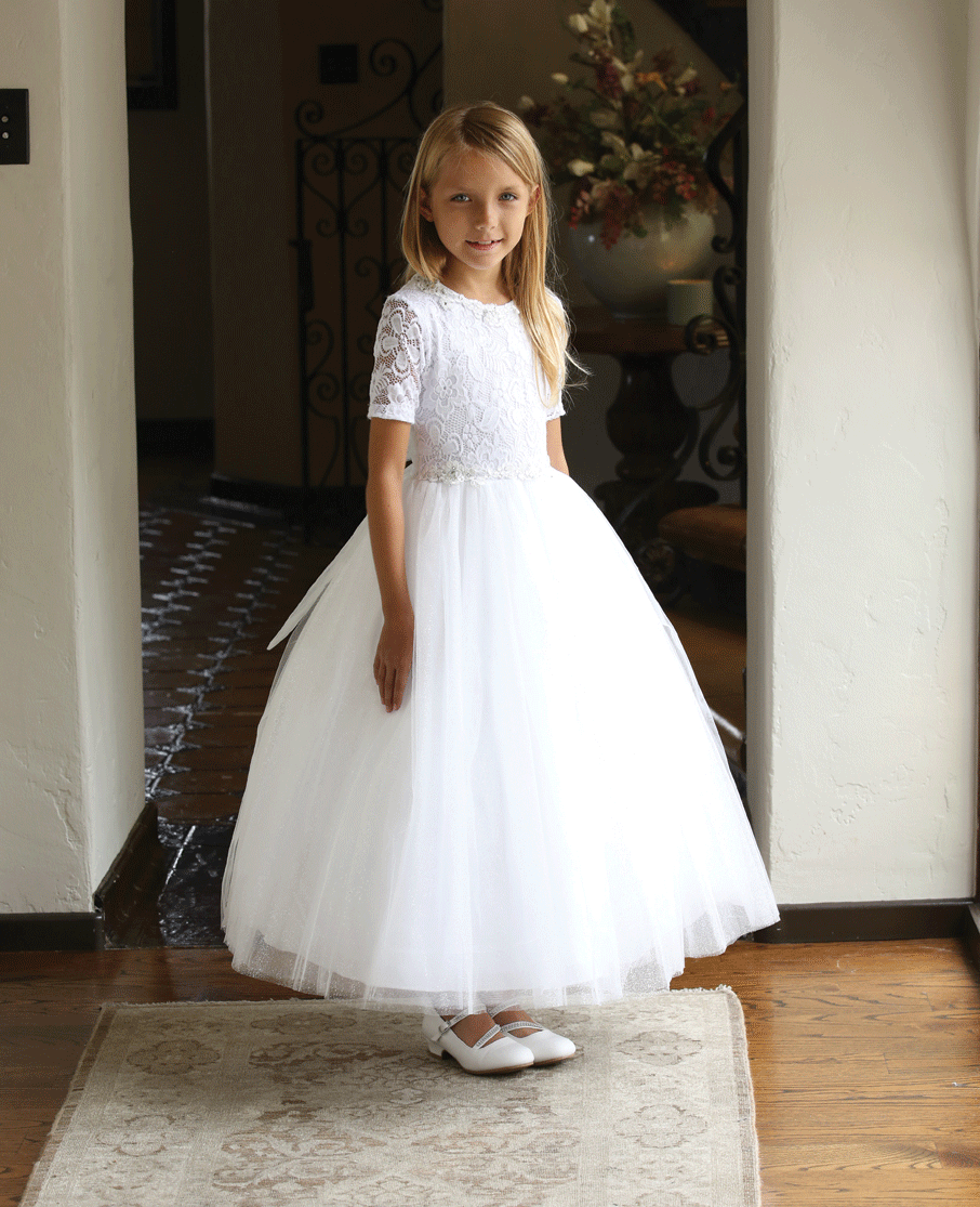 Short Sleeve First Communion Dress with Tulle Skirt Buy