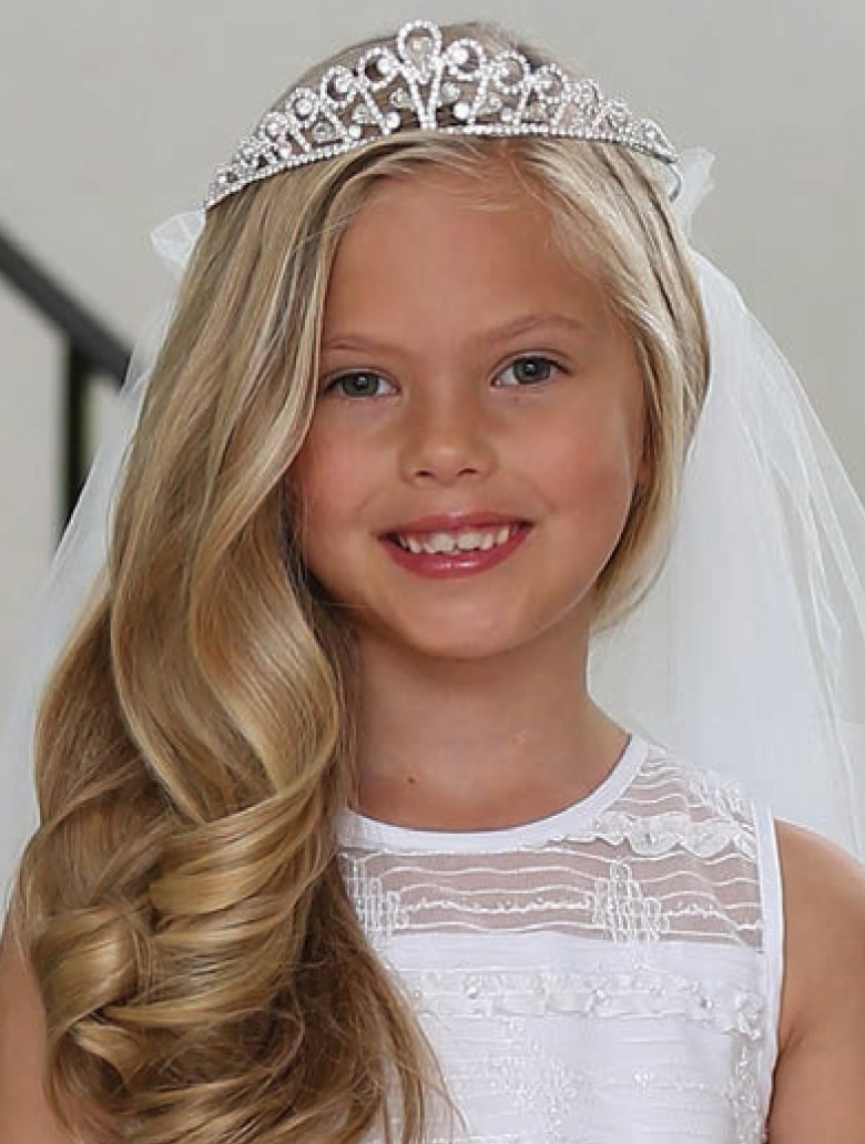 First Communion Veil Rhinestone Crystal Tiara with Swirl Design First