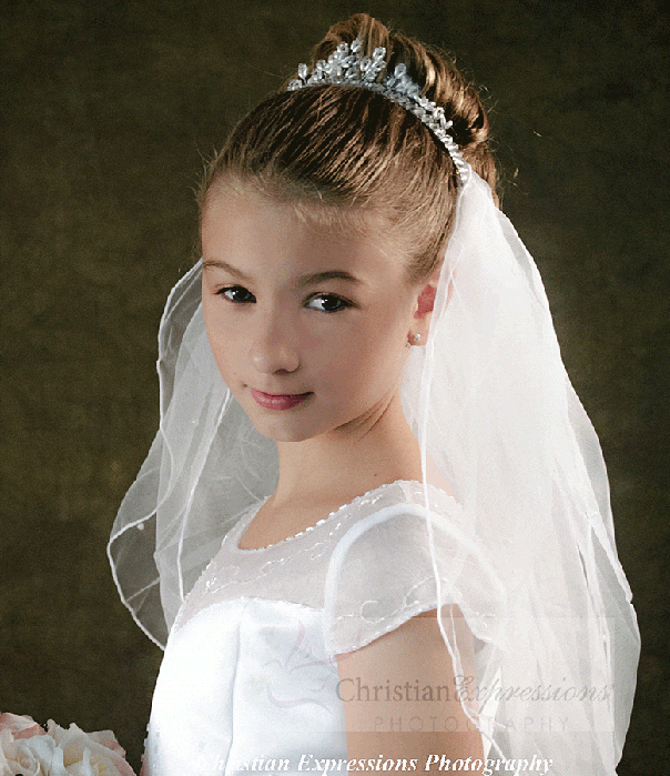 First Communion Crystal Crown Tiara with Attached Veil