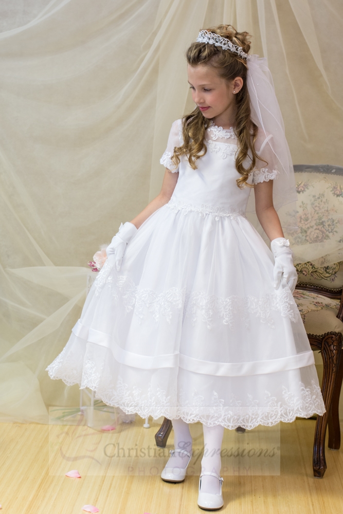 Organza First Communion dress with lace and satin banding