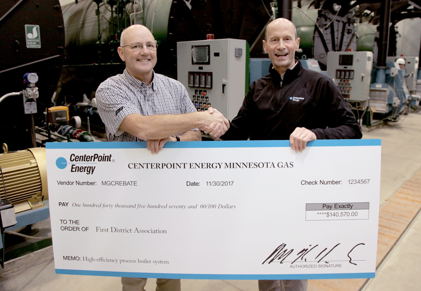 CenterPoint Presents 140,570 Rebate Check for New Process Boiler Plant