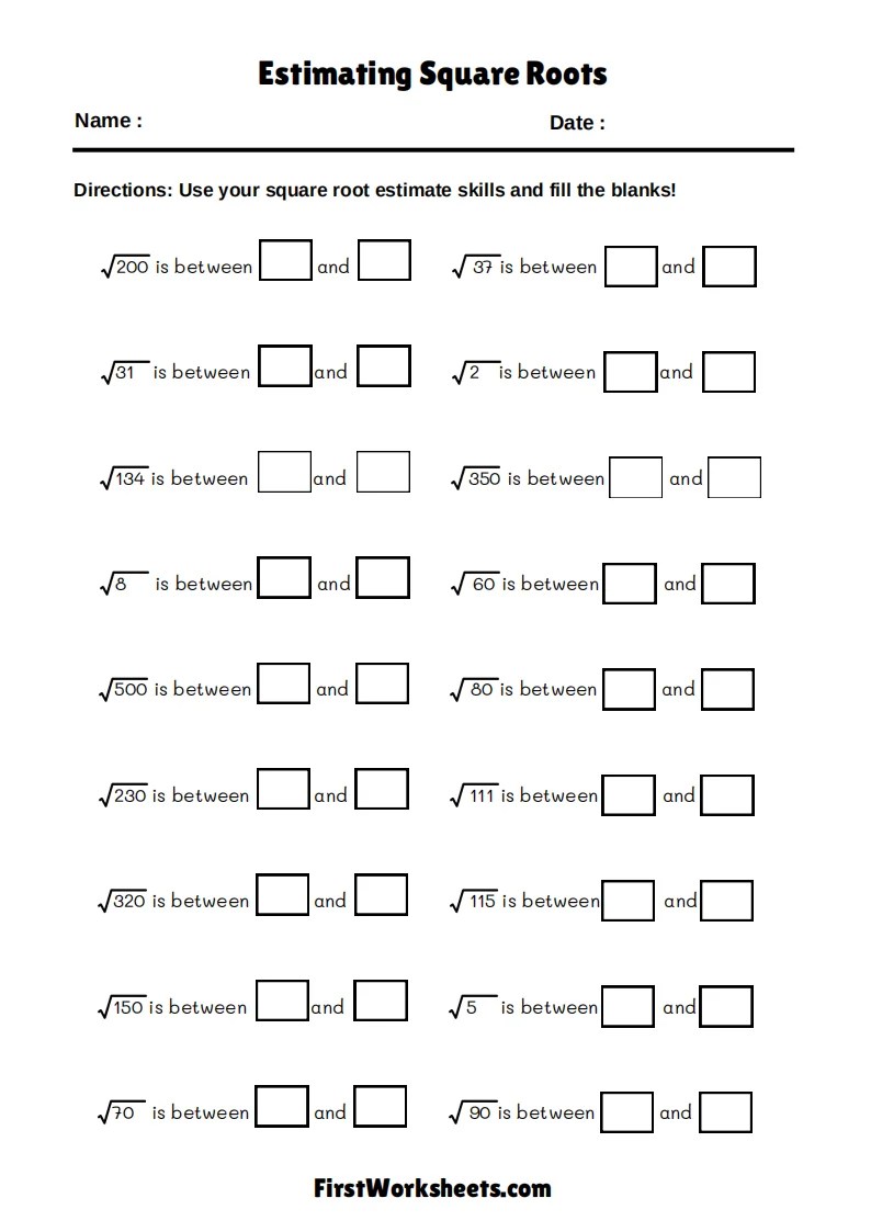 Estimating Square Roots Worksheets | FirstWorksheets