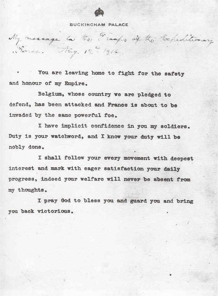 First World Primary Documents King V's Message to