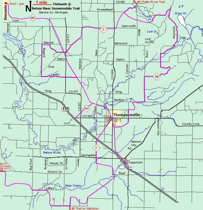Michigan Snowmobiling Betsie River Snowmobile Trail Map Benzonia