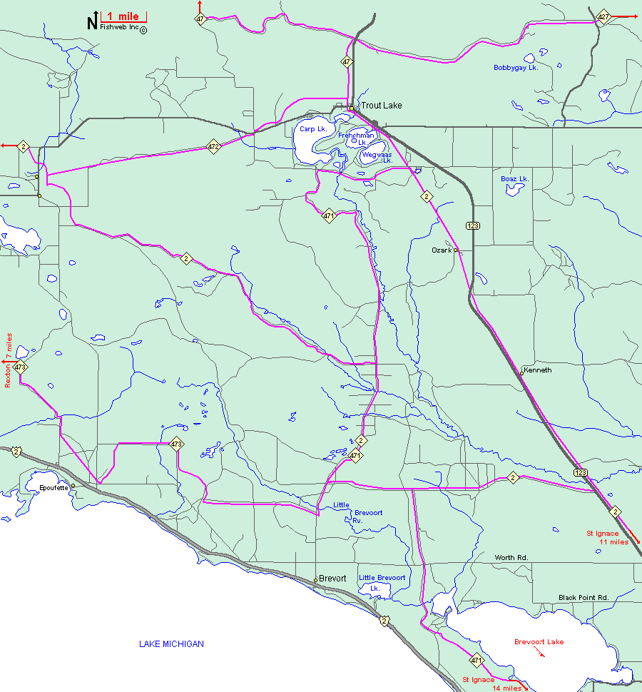 Michigan Snowmobiling, Trout Lake snowmobile trail map Michigan Sledhead™