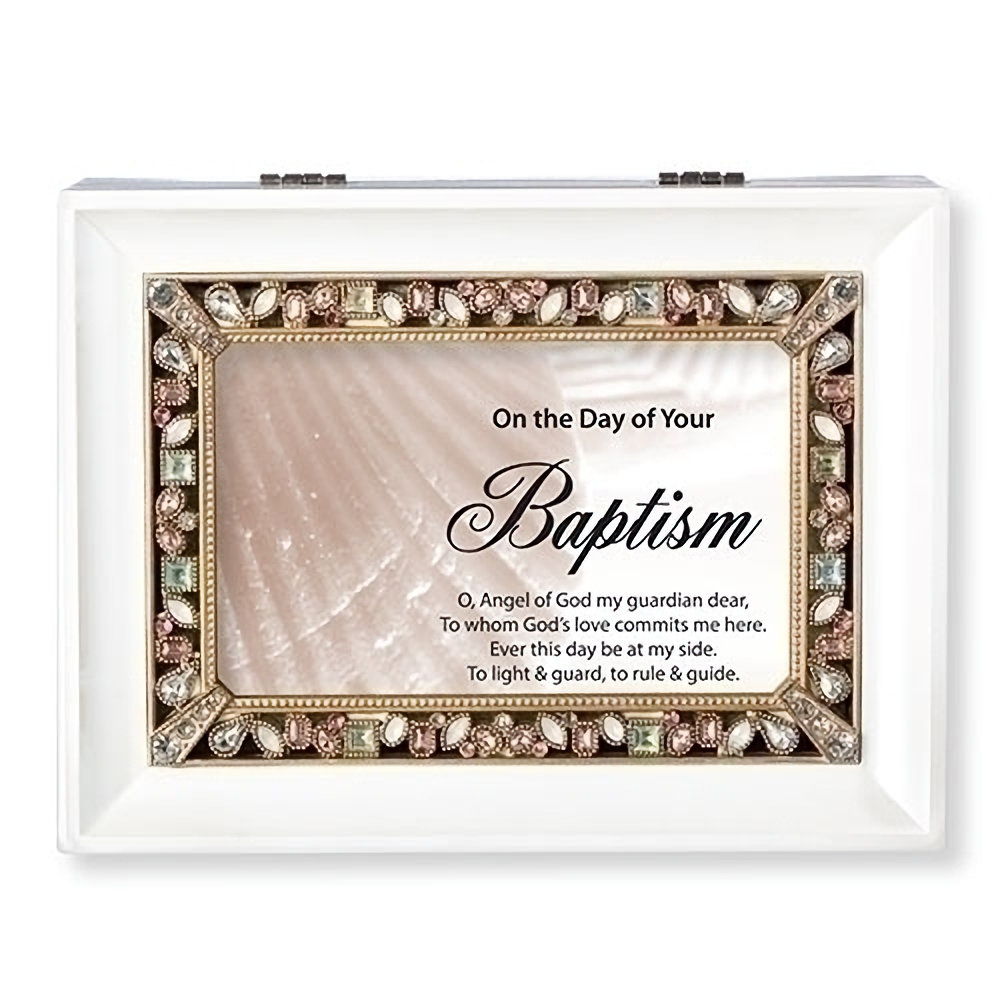 Fitzula's Gift Shop Roman Day Of Your Baptism Musical White Jeweled Box