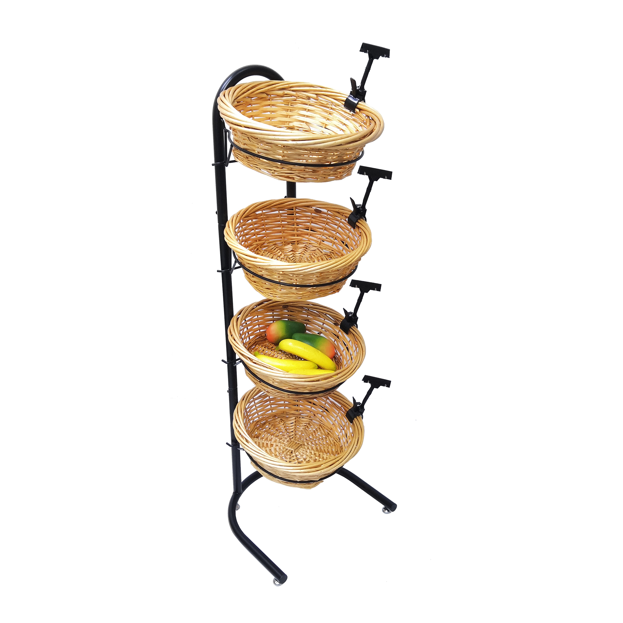 4 Tier Basket Stand, Sign Clips, Wicker Grocery Store Rack Display
