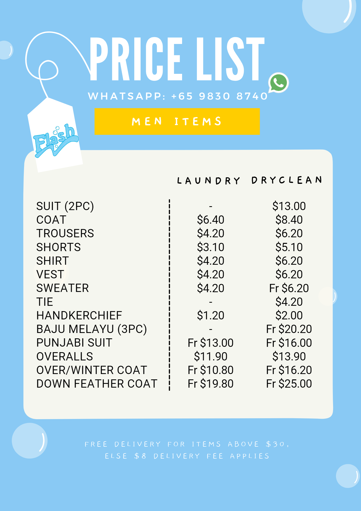PRICE LIST Flash Laundry Pte Ltd
