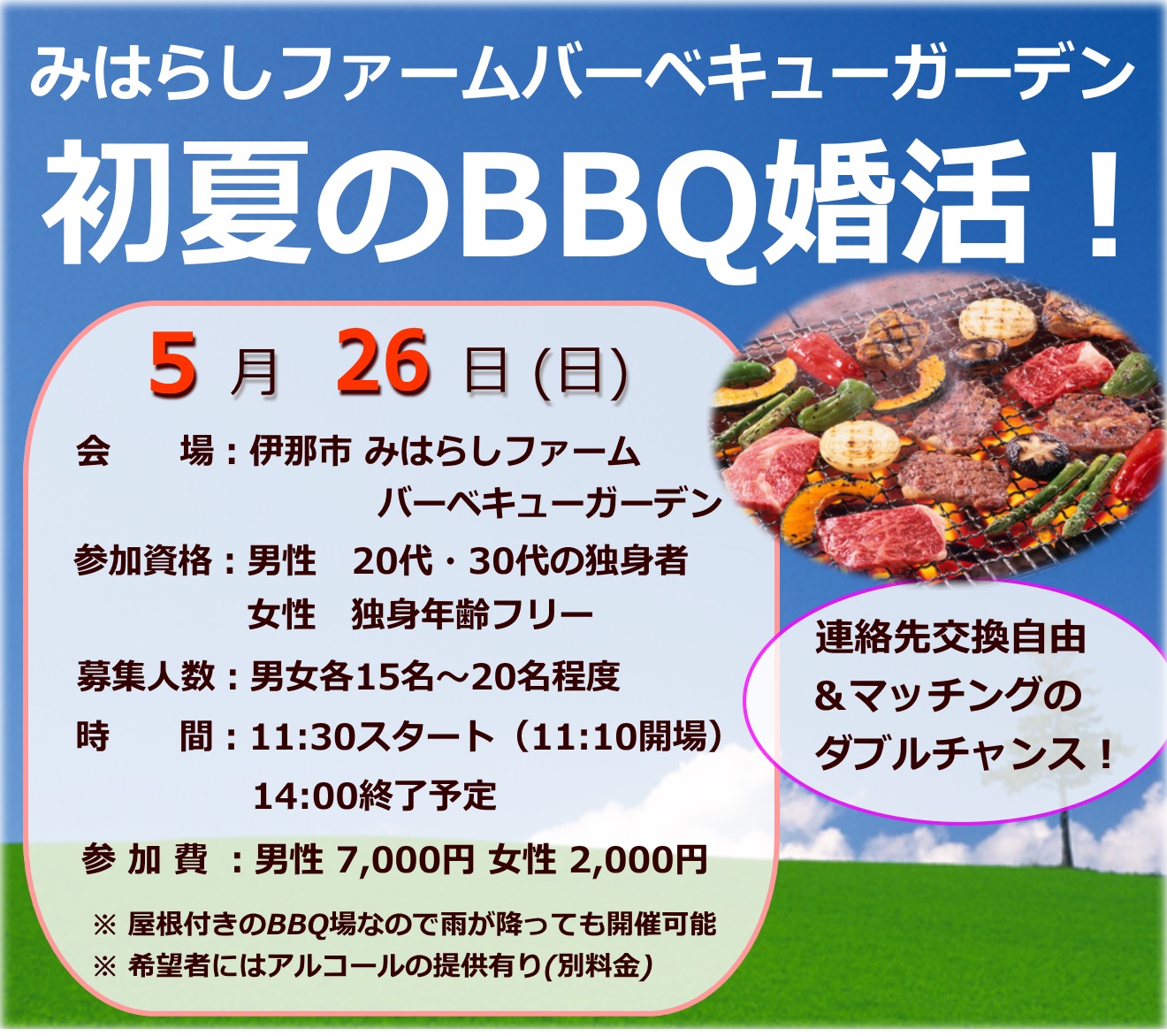 夏が来る前に！みはらしファームでバーベキューを楽しみながらの気軽な出逢い！