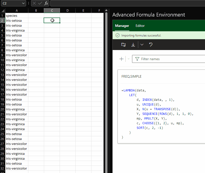 excellambdaFREQ.SIMPLE create a simple frequency table in Excel