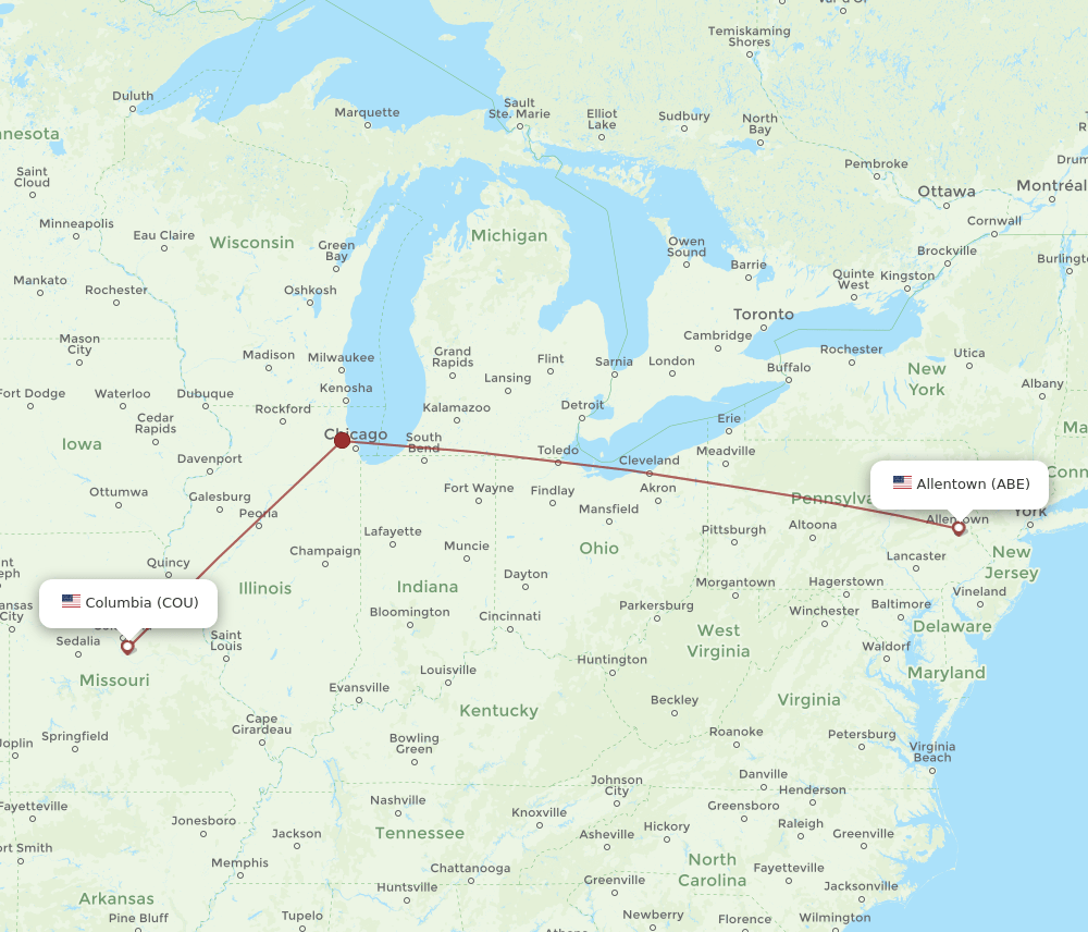 Flights from Allentown to Columbia, ABE to COU Flight Routes