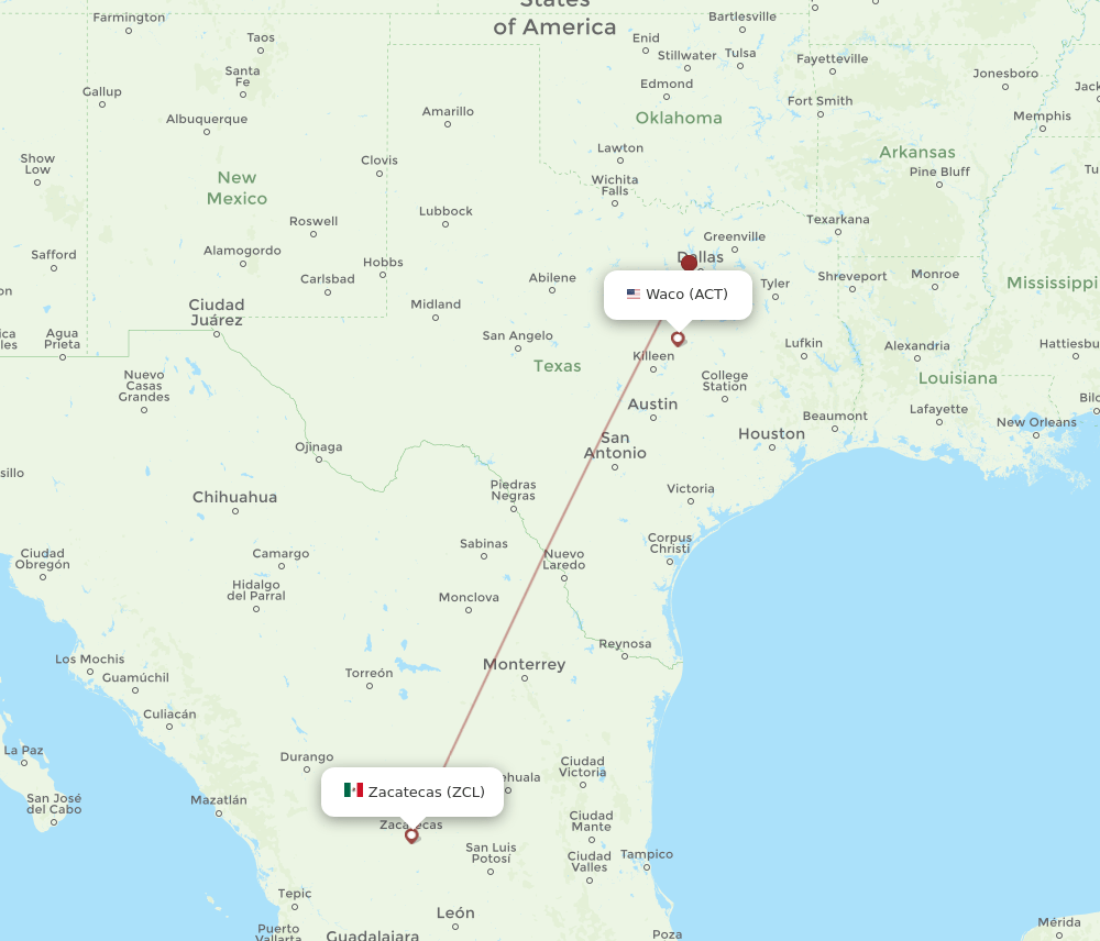 Flights from Waco to Zacatecas, ACT to ZCL Flight Routes