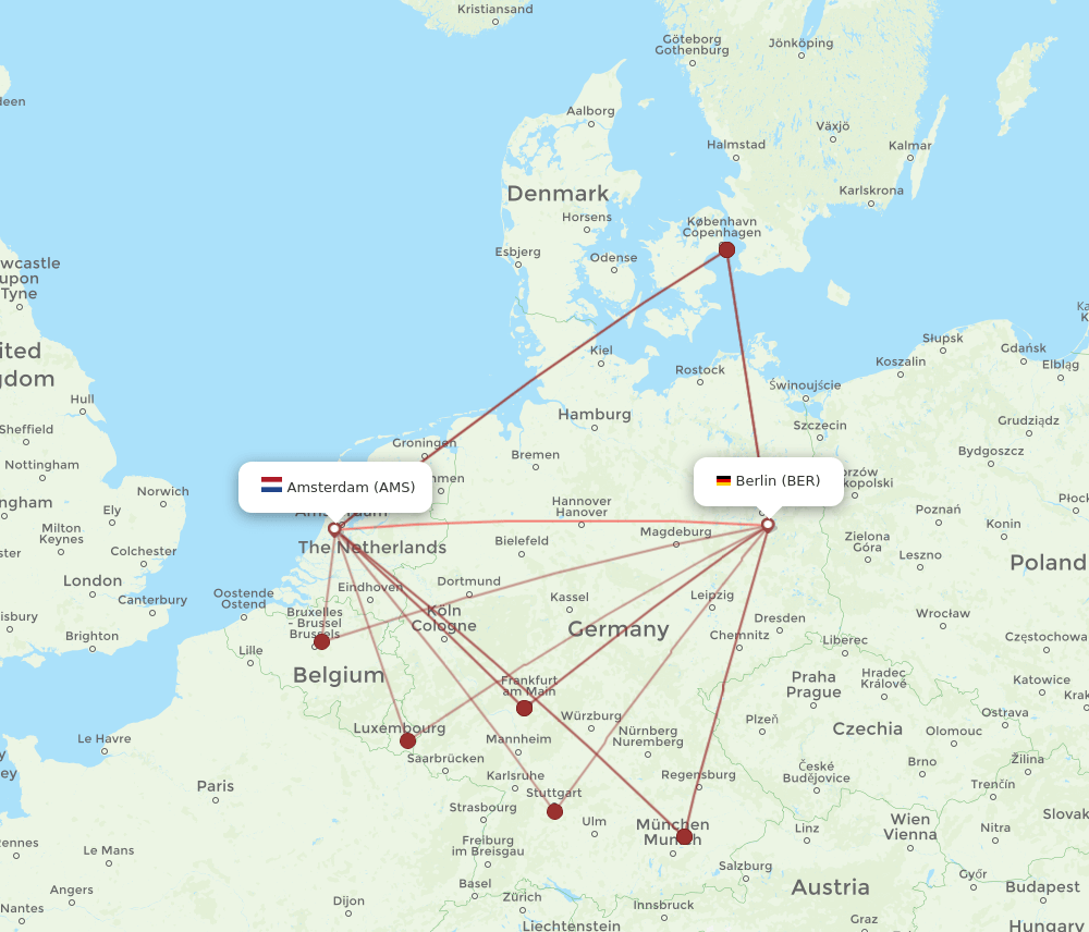 All flight routes from Amsterdam to Berlin, AMS to BER Flight Routes