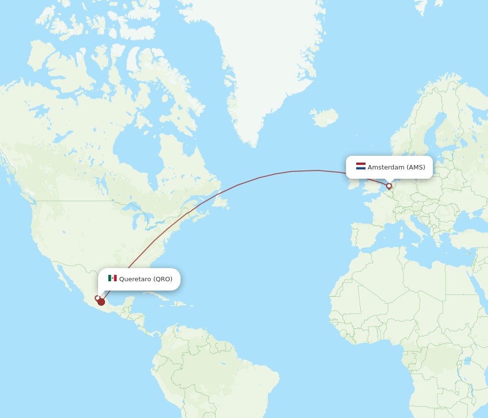 All flight routes from Amsterdam to Queretaro, AMS to QRO Flight Routes