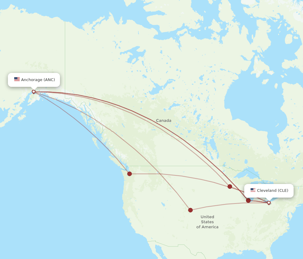 All flight routes from Anchorage to Cleveland, ANC to CLE Flight Routes