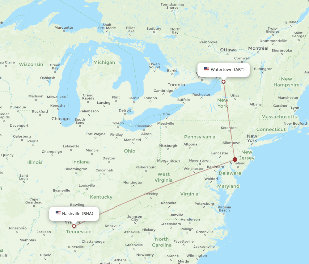 Flights from Watertown to Nashville, ART to BNA Flight Routes