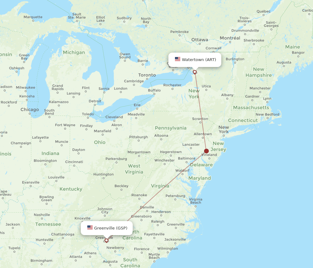 Flights from Watertown to Greenville, ART to GSP Flight Routes