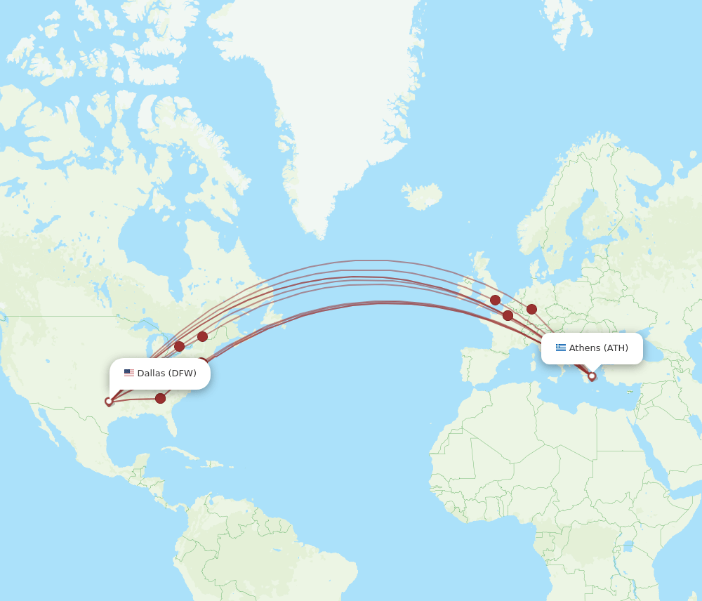 All flight routes from Athens to Dallas, ATH to DFW Flight Routes