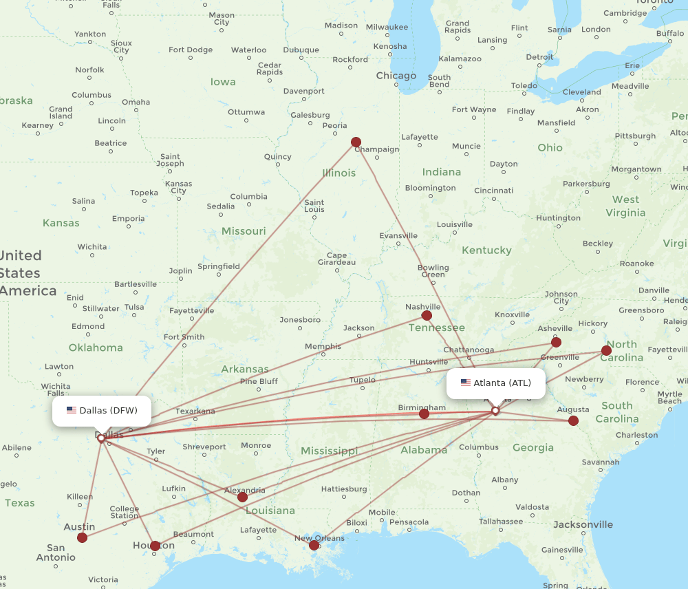 All flight routes from Atlanta to Dallas, ATL to DFW Flight Routes