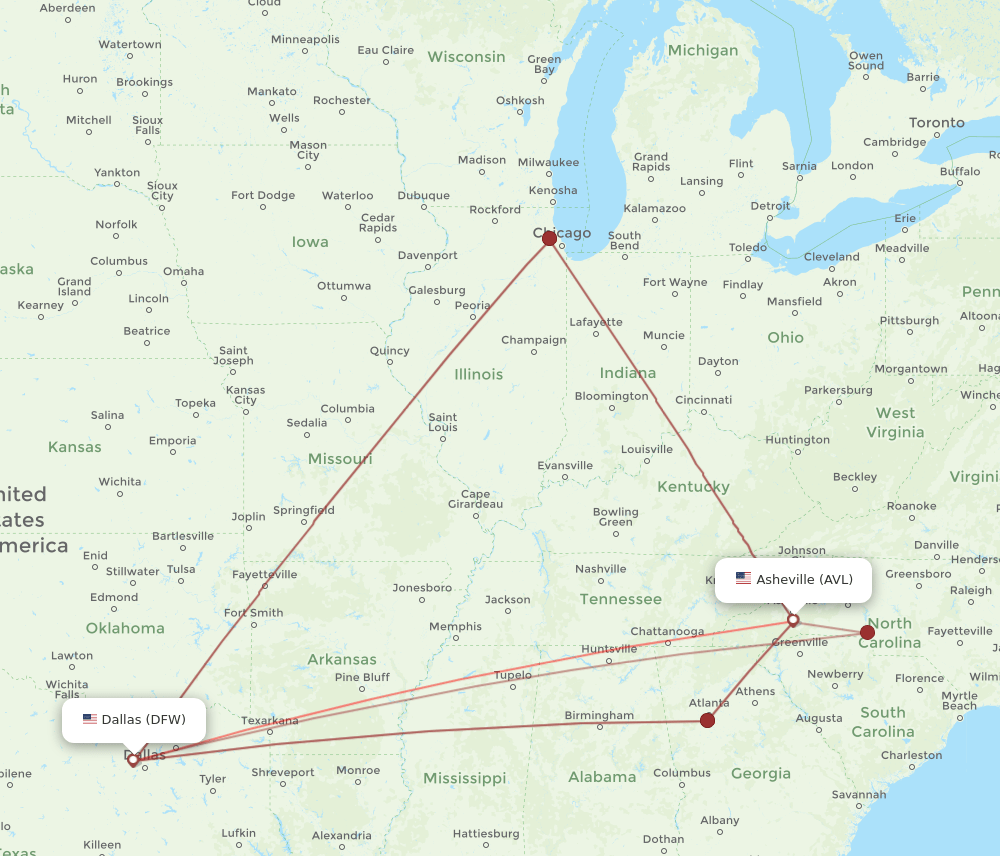 All flight routes from Asheville to Dallas, AVL to DFW Flight Routes