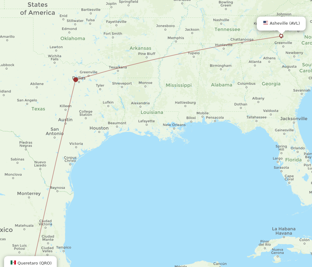 All flight routes from Asheville to Queretaro, AVL to QRO Flight Routes