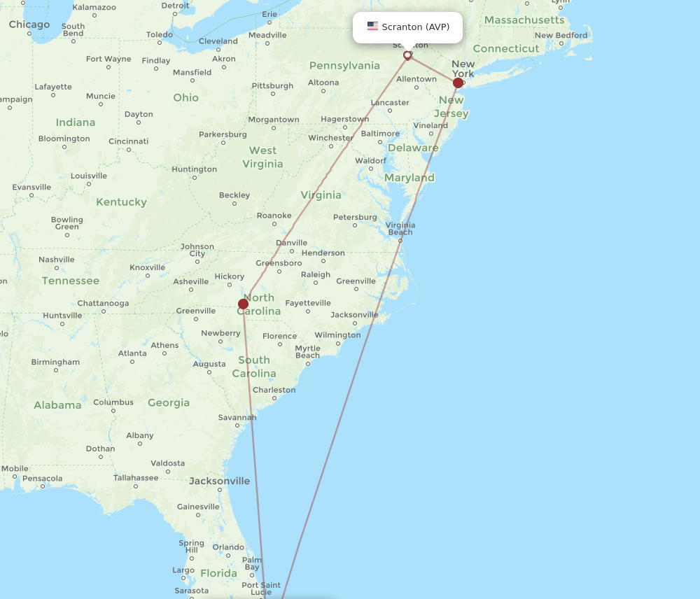 All flight routes from WilkesBarre to Fort Lauderdale, AVP to FLL