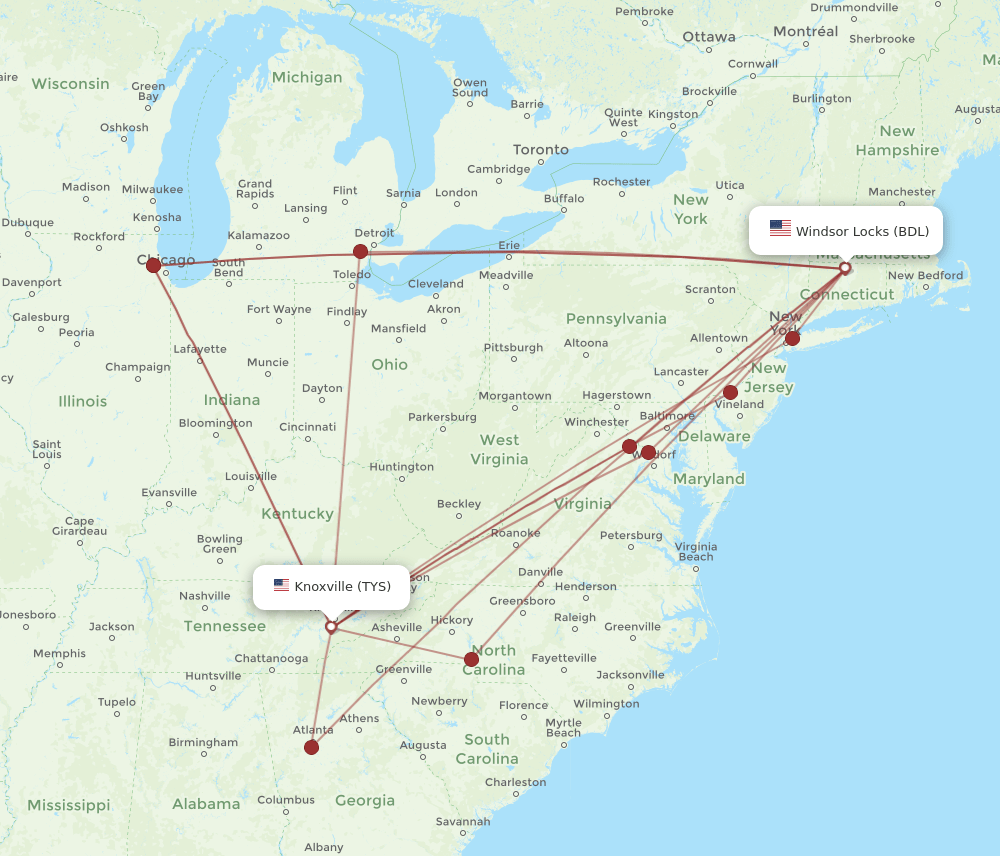 All flight routes from Hartford to Knoxville, BDL to TYS Flight Routes