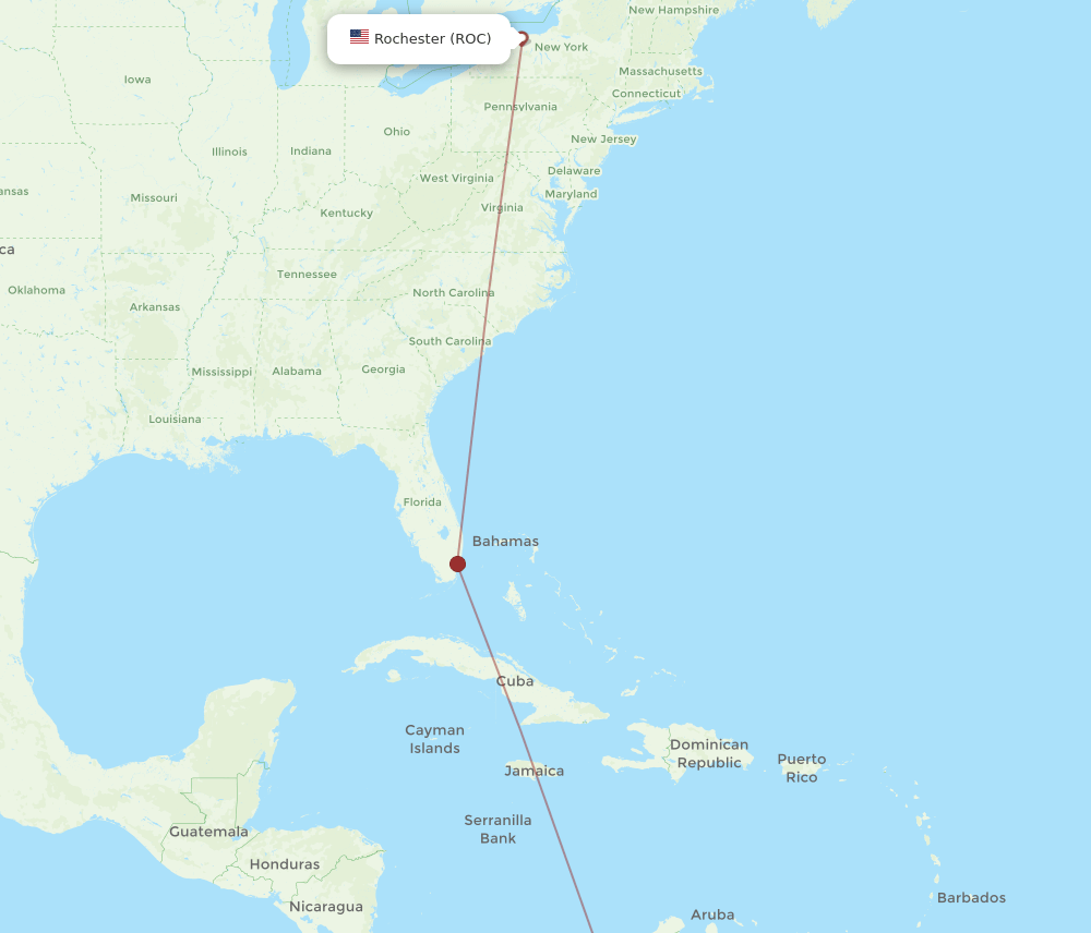 All flight routes from Rochester to Bucaramanga, ROC to BGA Flight Routes