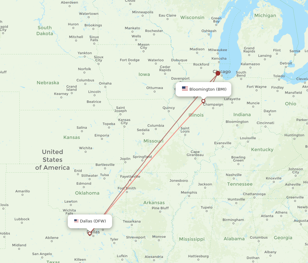 All flight routes from Bloomington to Dallas, BMI to DFW Flight Routes