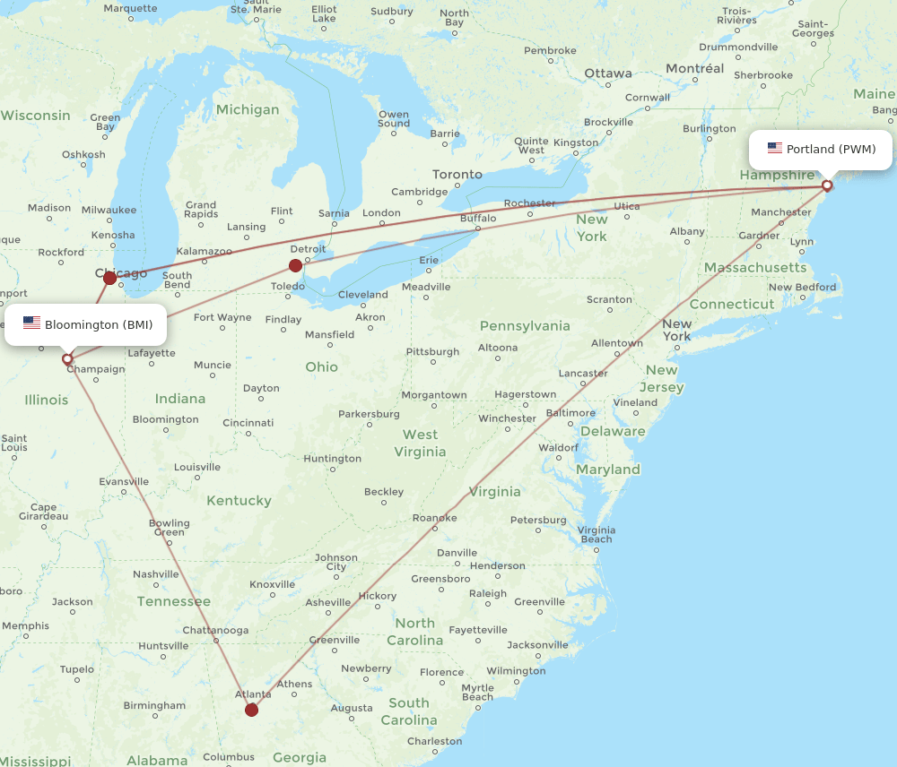 Flights from Bloomington to Portland, BMI to PWM Flight Routes