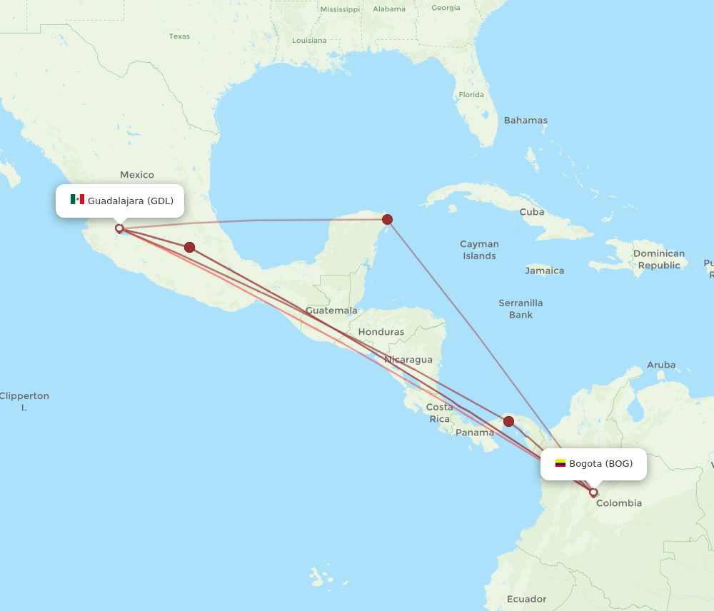 All flight routes from Bogota to Guadalajara, BOG to GDL Flight Routes