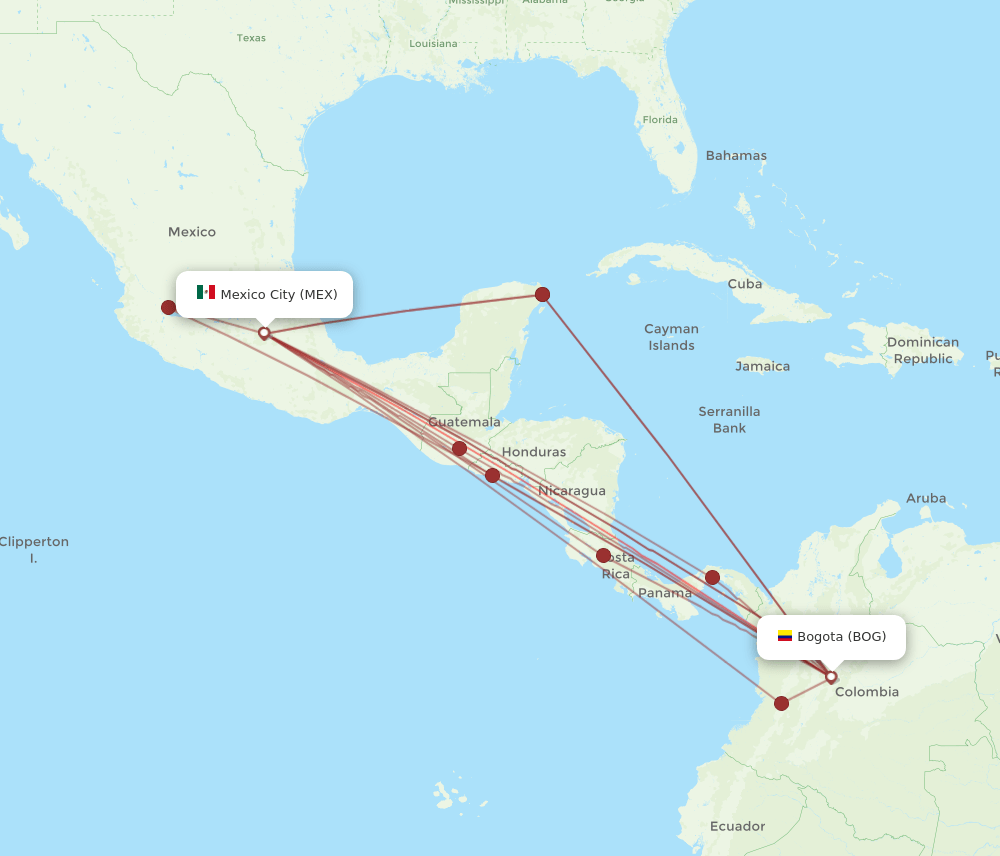All flight routes from Bogota to Mexico City, BOG to MEX Flight Routes