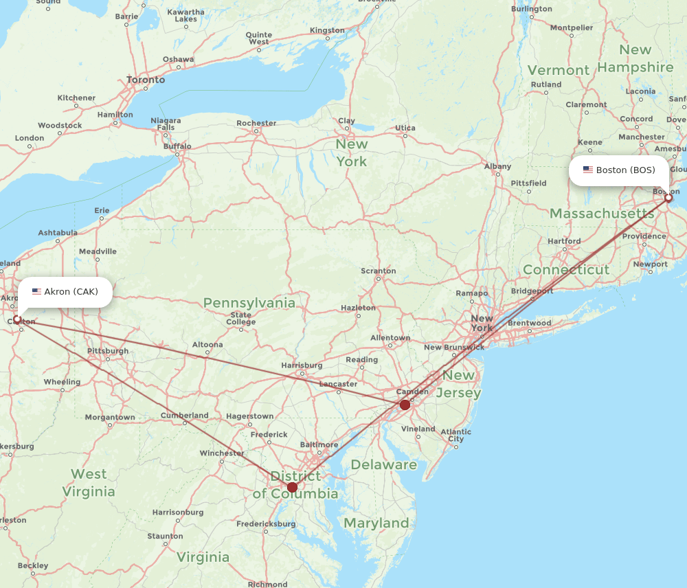 Flights from Boston to Akron, BOS to CAK Flight Routes