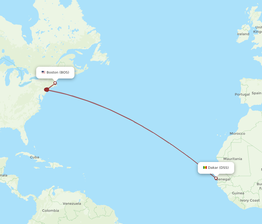 All flight routes from Boston to Dakar, BOS to DSS Flight Routes