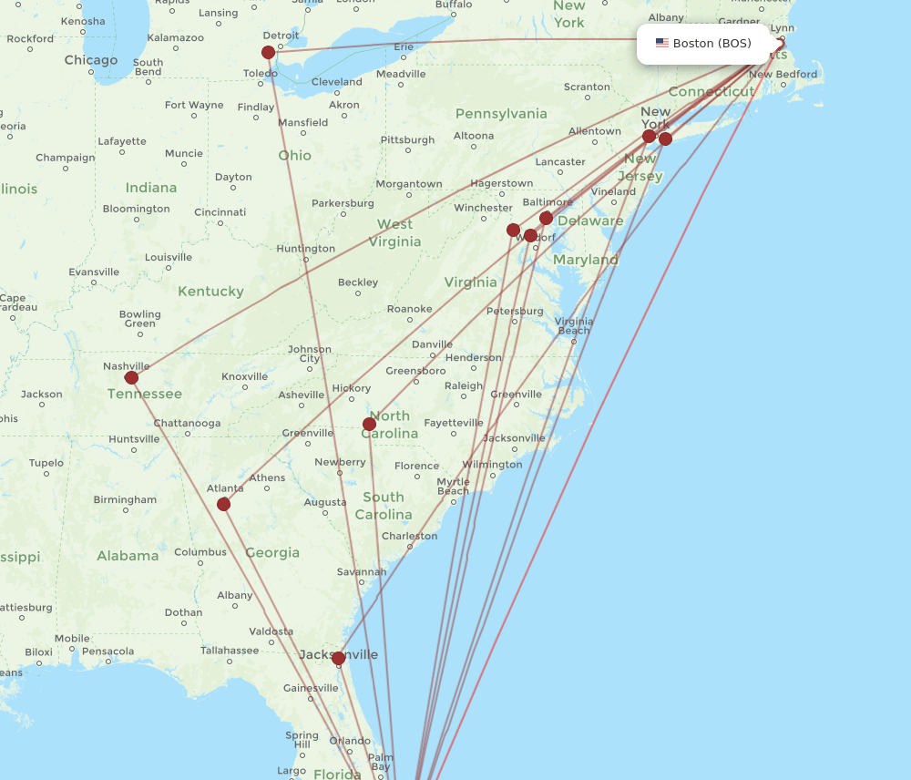 All flight routes from Boston to Fort Lauderdale, BOS to FLL Flight