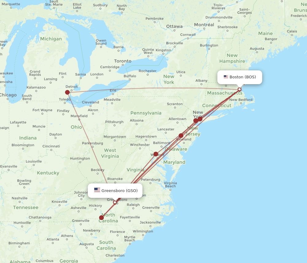 All flight routes from Boston to Greensboro/High Point, BOS to GSO