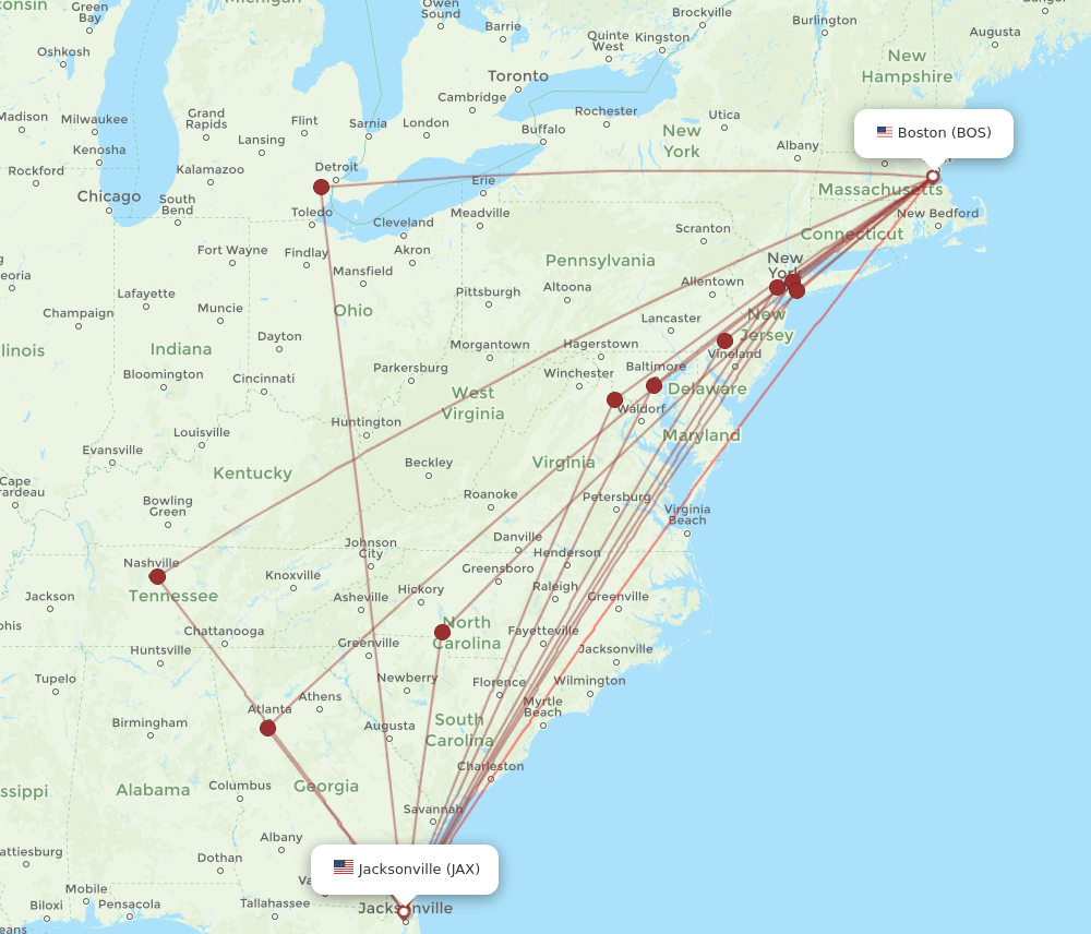 All flight routes from Boston to Jacksonville, BOS to JAX Flight Routes