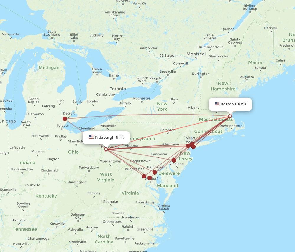 All flight routes from Boston to Pittsburgh, BOS to PIT Flight Routes