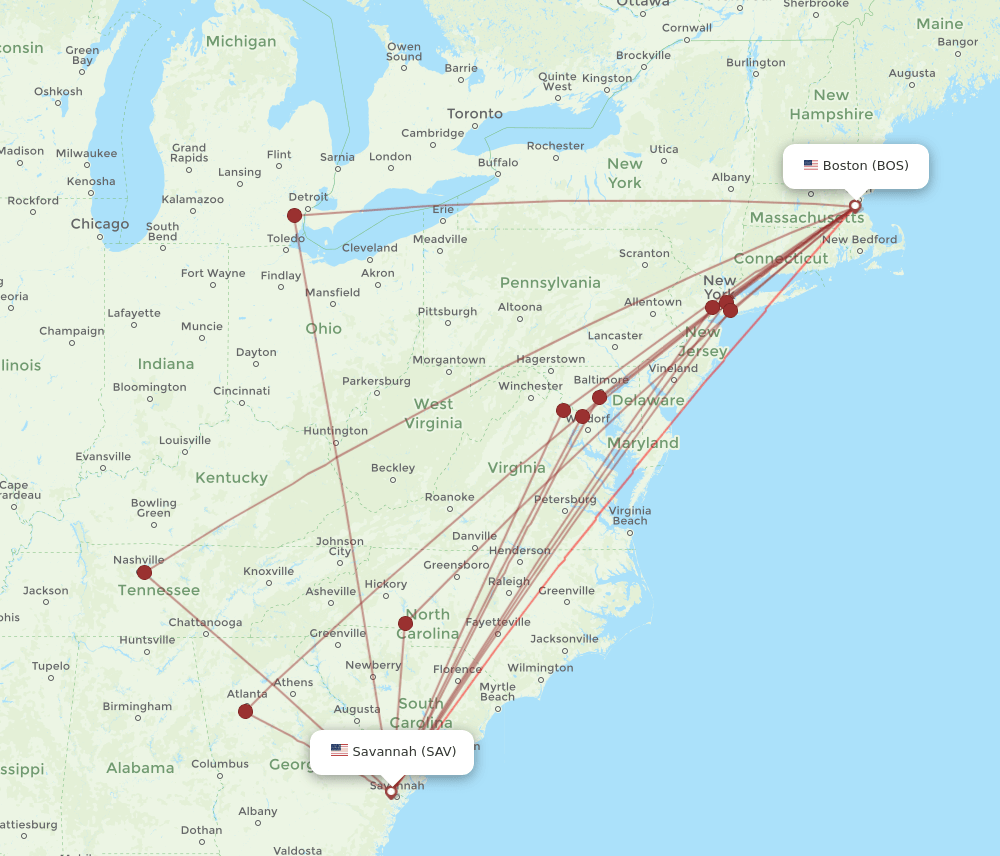 Flights from Boston to Savannah, BOS to SAV Flight Routes